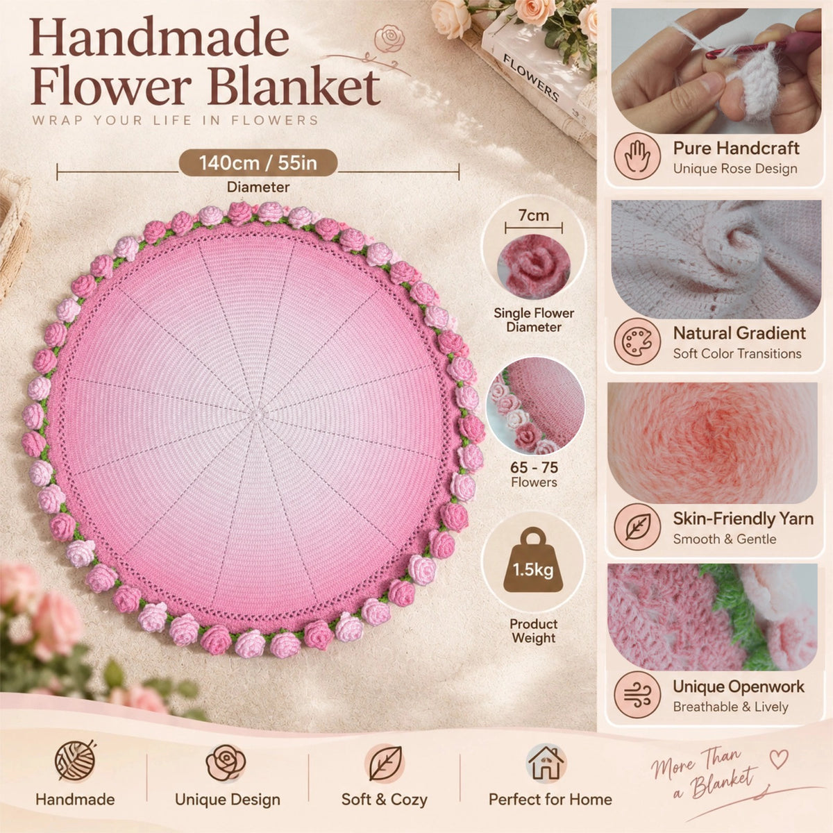 55 In Handmade Rose Flower Bouquet Blanket(Pink)