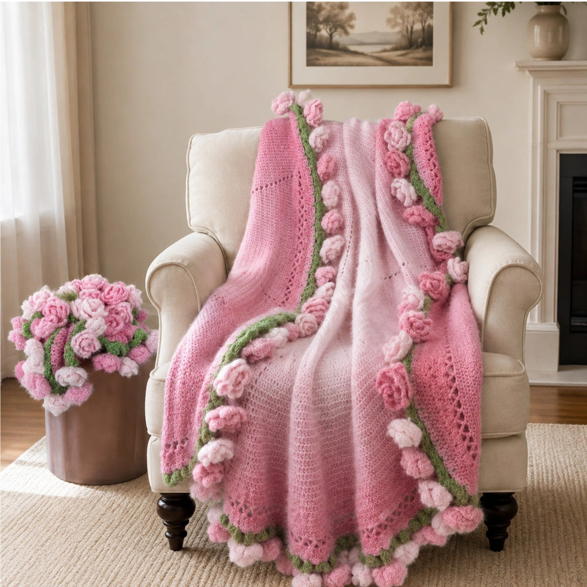 55 In Handmade Rose Flower Bouquet Blanket(Pink)
