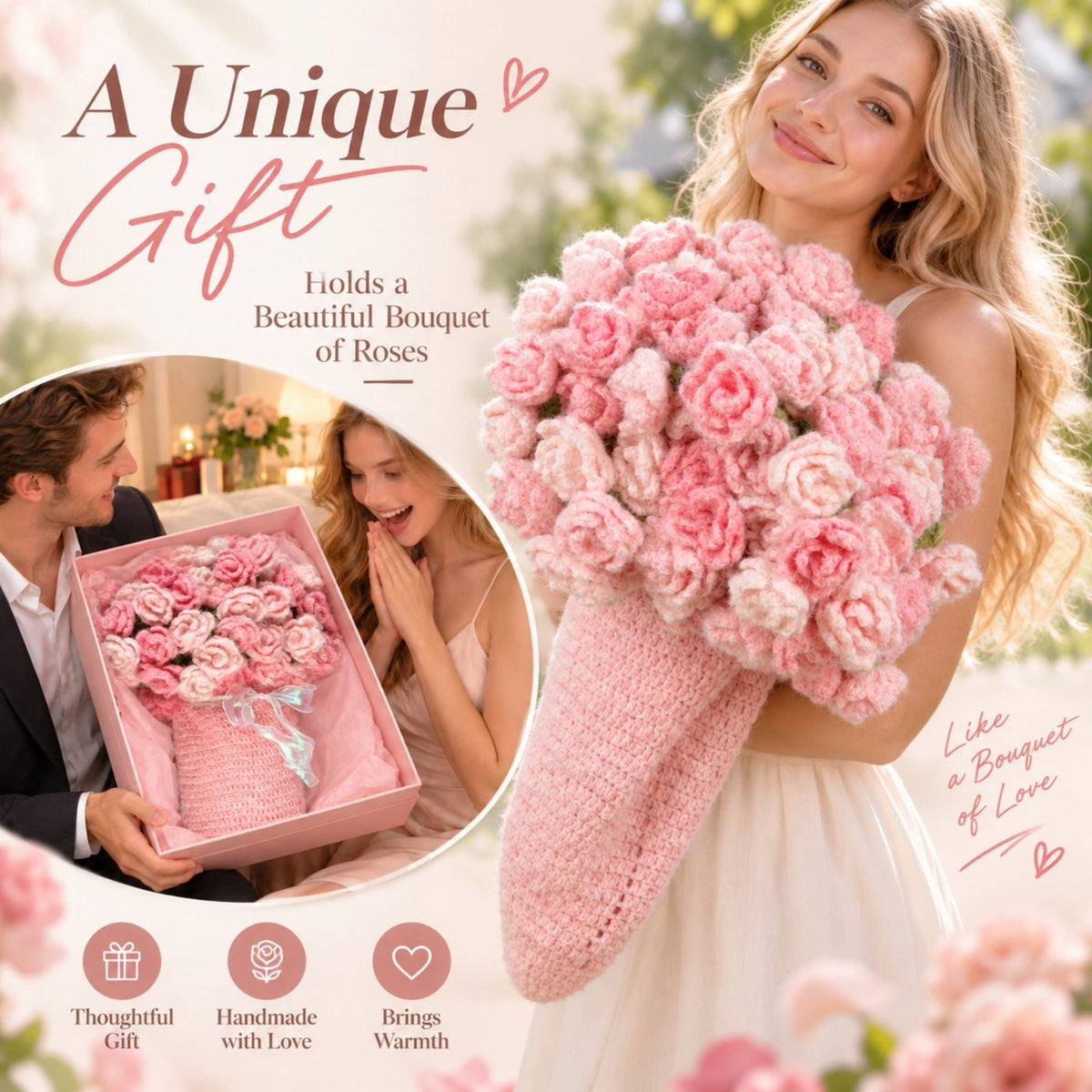 55 In Handmade Rose Flower Bouquet Blanket(Pink)