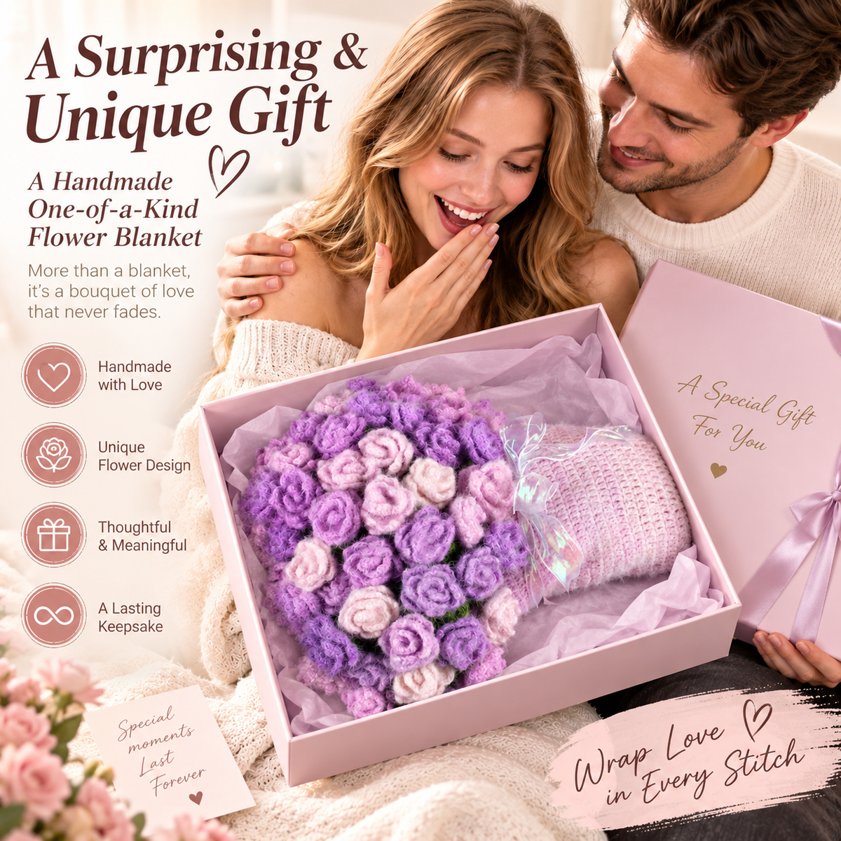 Crochet Rose Flower Bouquet Throw Blanket, Gradient 55" (Purple, 55-IN)