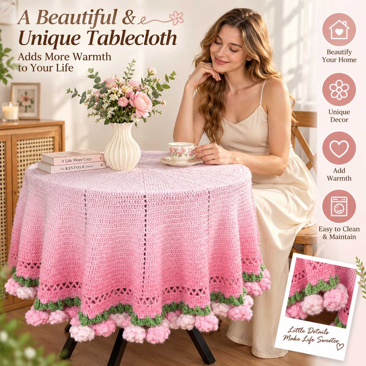 55 In Handmade Rose Flower Bouquet Blanket(Pink)