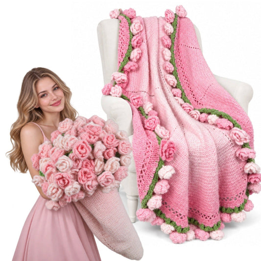 55 In Handmade Rose Flower Bouquet Blanket(Pink)