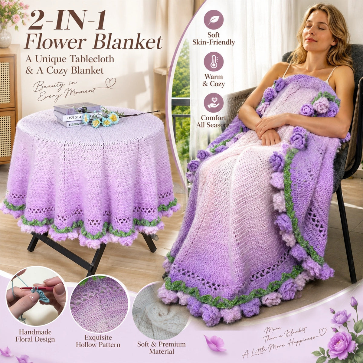 Crochet Rose Flower Bouquet Throw Blanket, Gradient 55" (Purple, 55-IN)