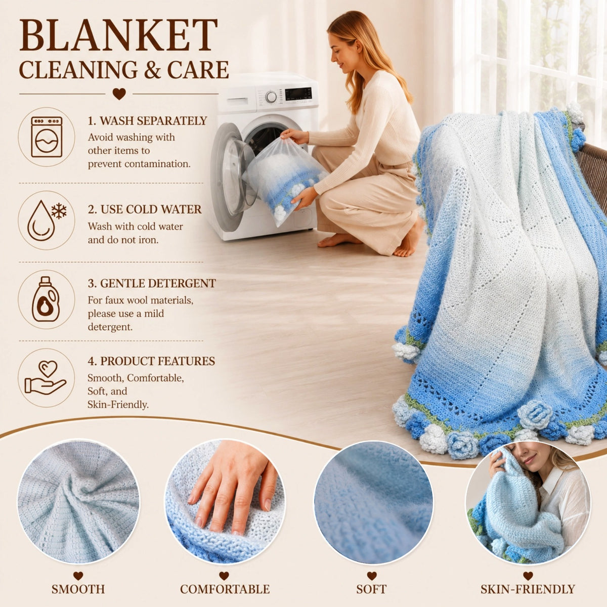 55 In Handmade Rose Flower Bouquet Blanket(blue)