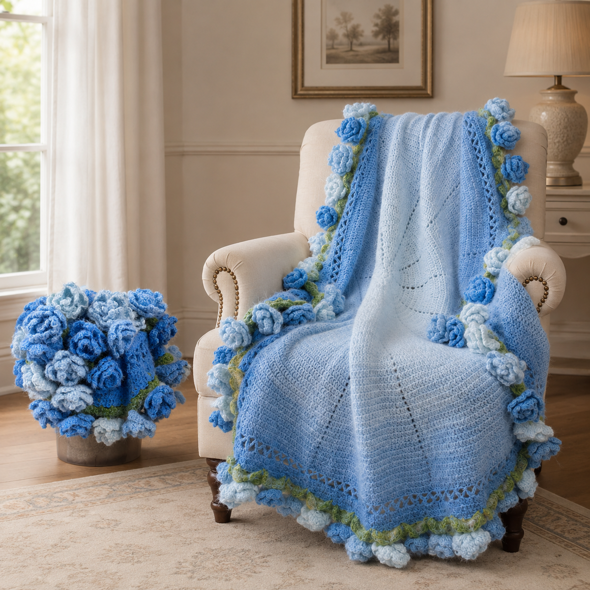 55 In Handmade Rose Flower Bouquet Blanket(blue)