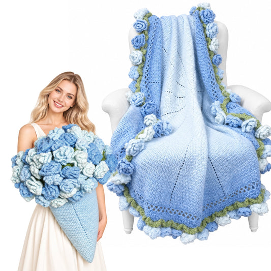 55 In Handmade Rose Flower Bouquet Blanket(blue)