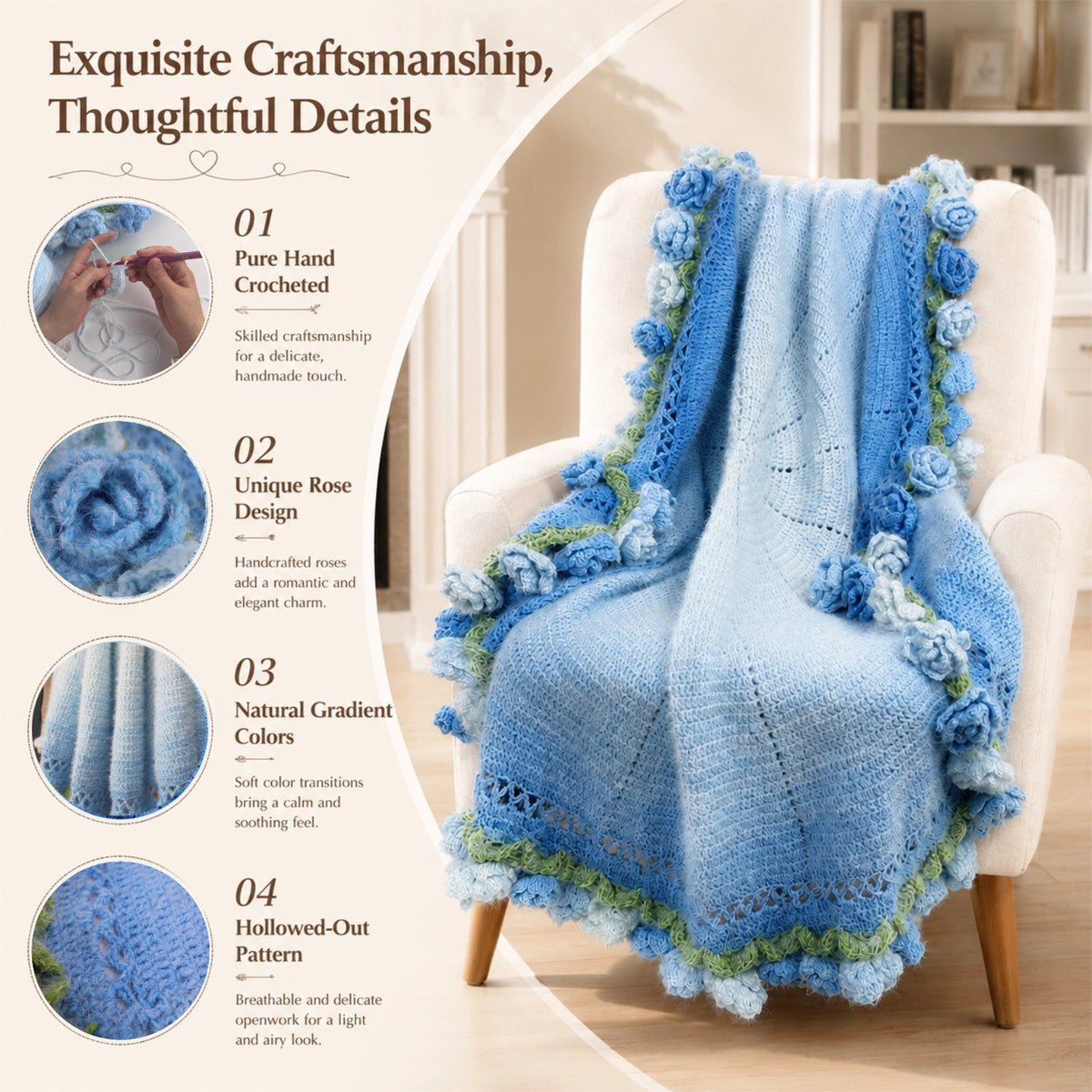 55 In Handmade Rose Flower Bouquet Blanket(blue)