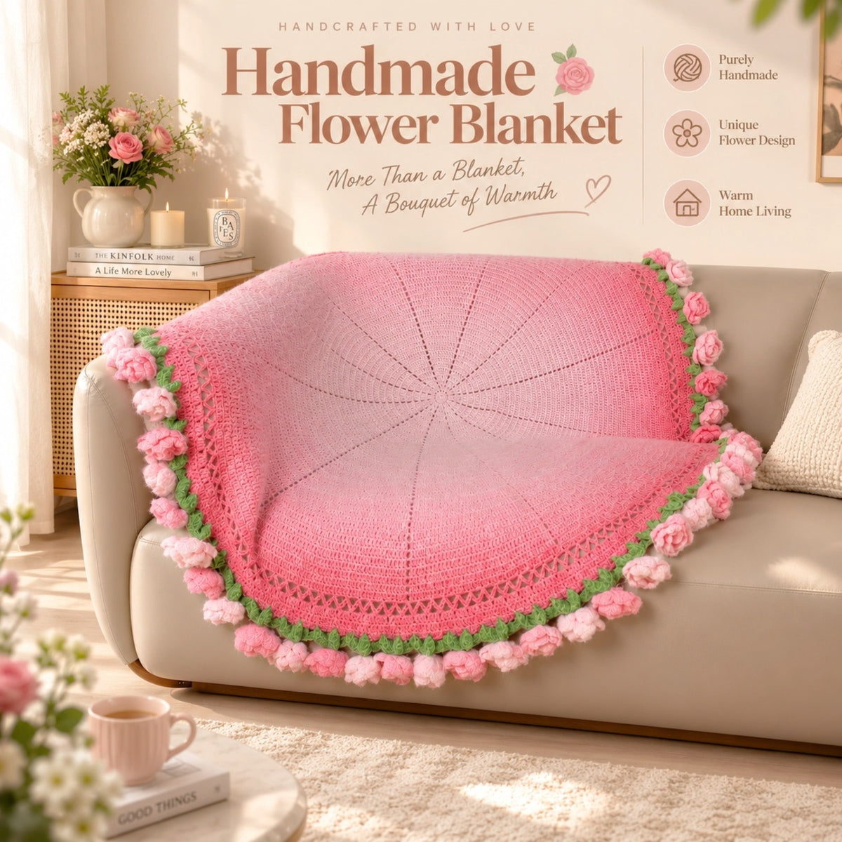 55 In Handmade Rose Flower Bouquet Blanket（Pink）