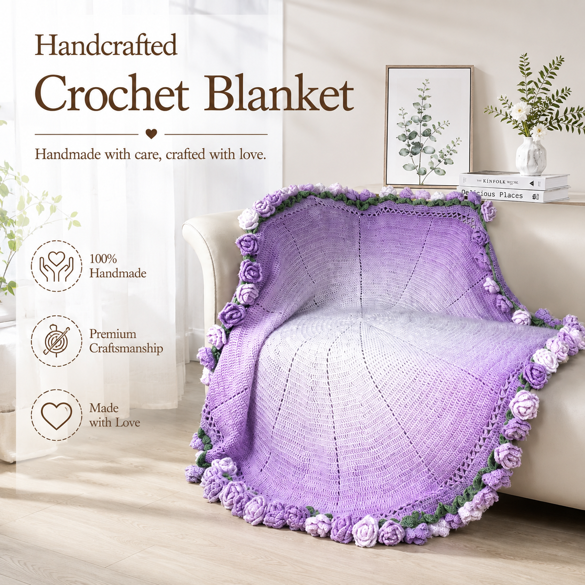 Crochet Rose Flower Bouquet Throw Blanket, Gradient 55" (Purple, 55-IN)