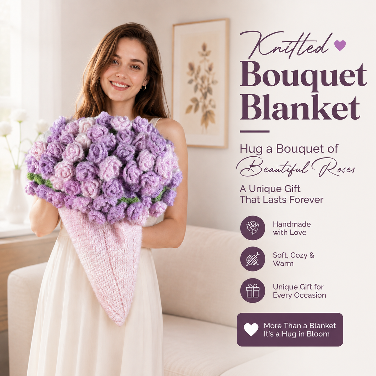 Crochet Rose Flower Bouquet Throw Blanket, Gradient 55" (Purple, 55-IN)