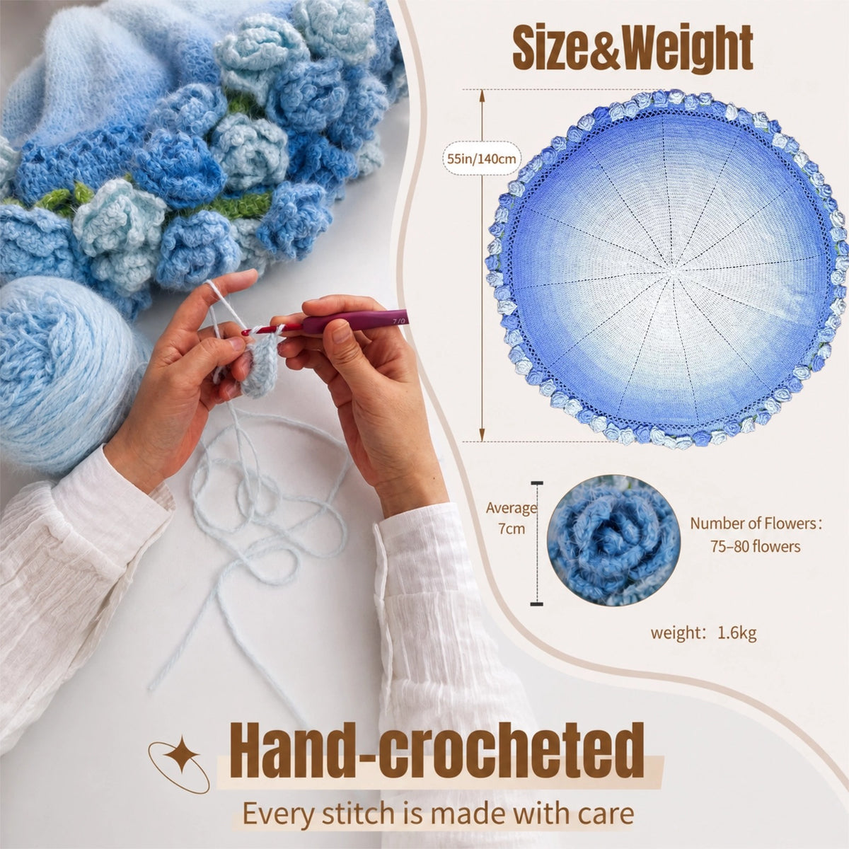 55 In Handmade Rose Flower Bouquet Blanket(blue)