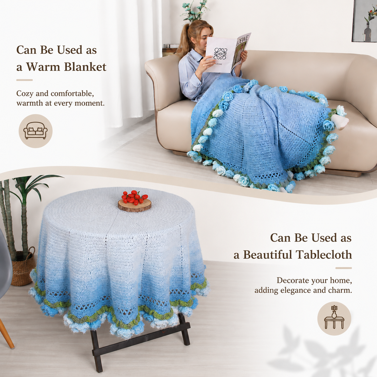 55 In Handmade Rose Flower Bouquet Blanket(blue)