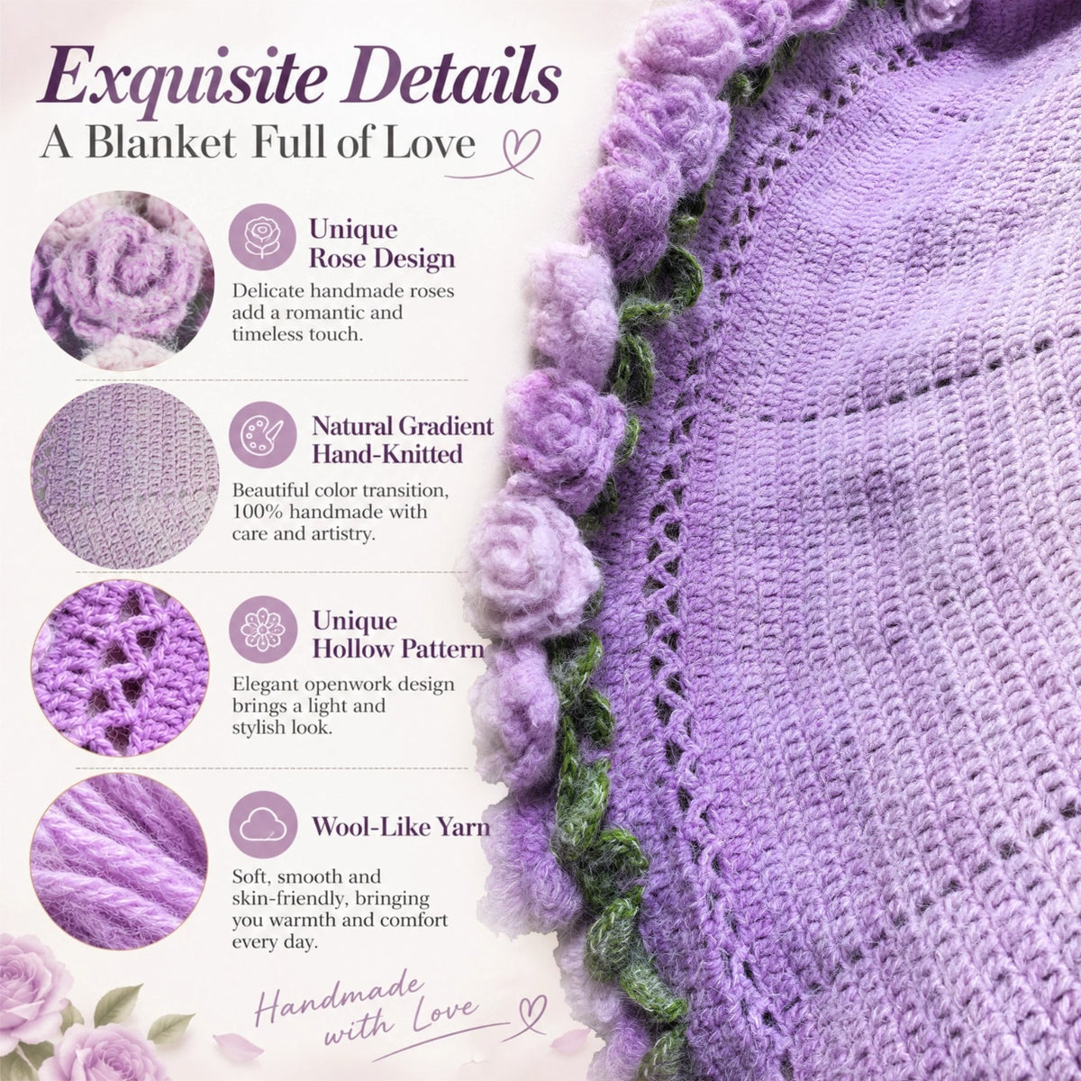 Crochet Rose Flower Bouquet Throw Blanket, Gradient 55" (Purple, 55-IN)