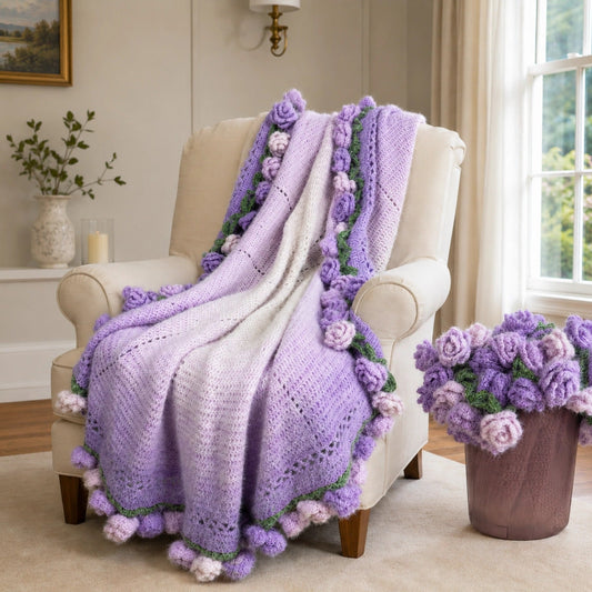 Crochet Rose Flower Bouquet Throw Blanket, Gradient 55" (Purple, 55-IN)