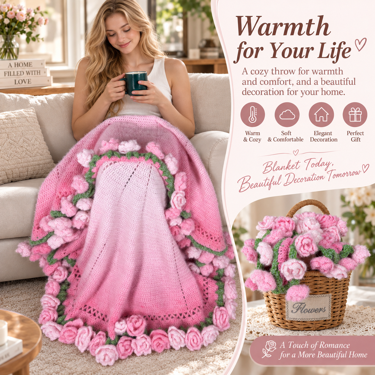 55 In Handmade Rose Flower Bouquet Blanket（Pink）