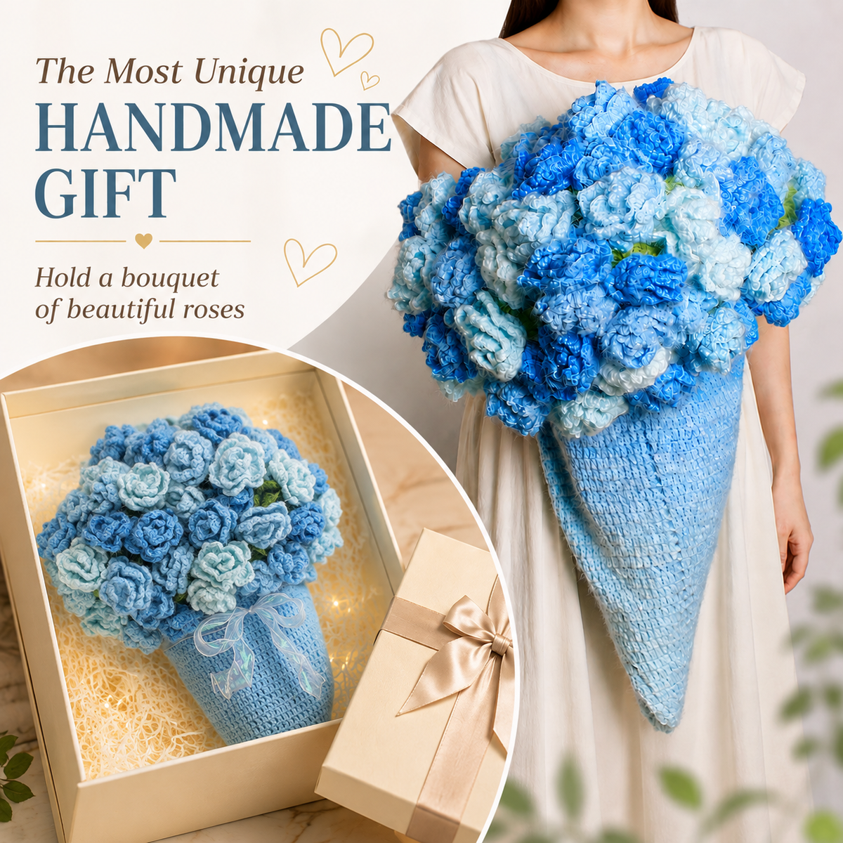 55 In Handmade Rose Flower Bouquet Blanket(blue)