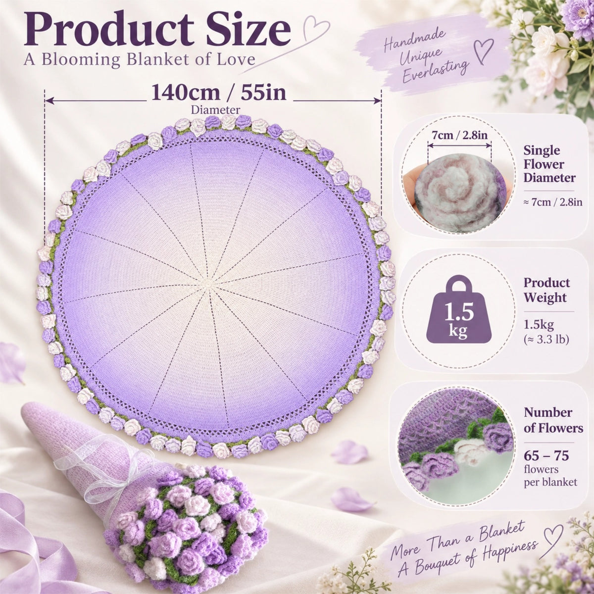 Crochet Rose Flower Bouquet Throw Blanket, Gradient 55" (Purple, 55-IN)