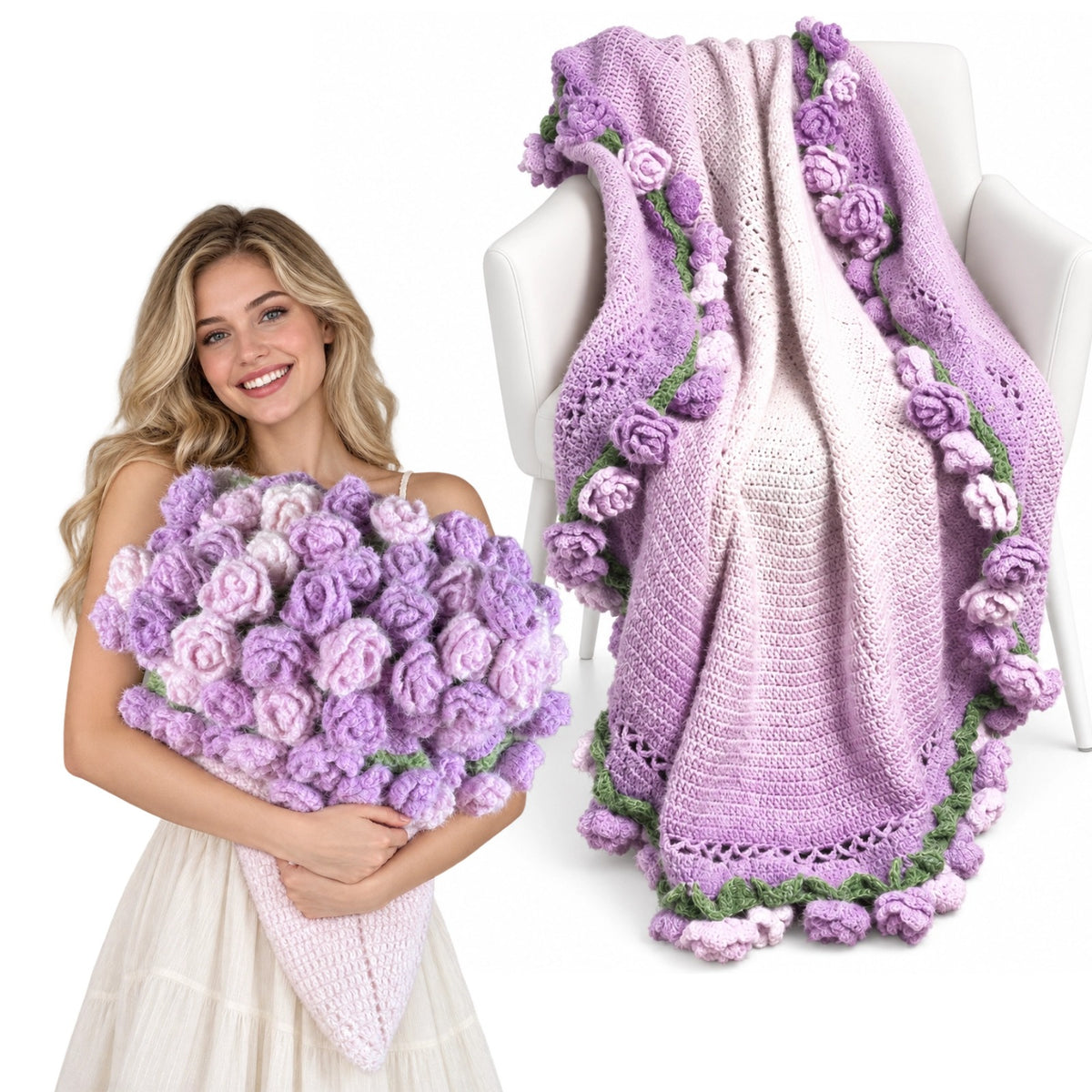 Crochet Rose Flower Bouquet Throw Blanket, Gradient 55" (Purple, 55-IN)
