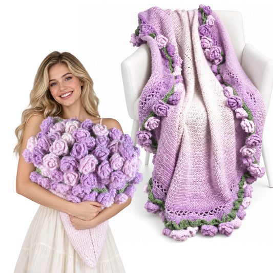 Crochet Rose Flower Bouquet Throw Blanket, Gradient 55" (Purple, 55-IN)