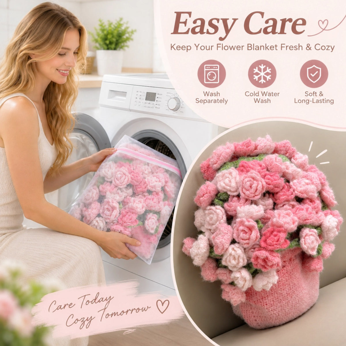 55 In Handmade Rose Flower Bouquet Blanket（Pink）