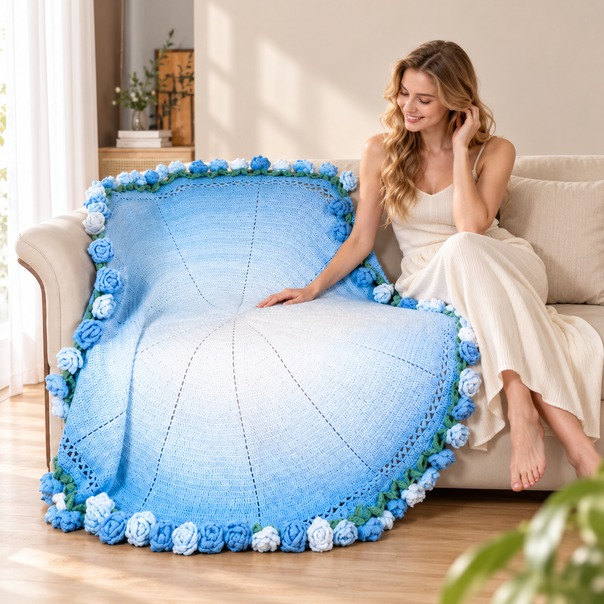 55 In Handmade Rose Flower Bouquet Blanket(blue)
